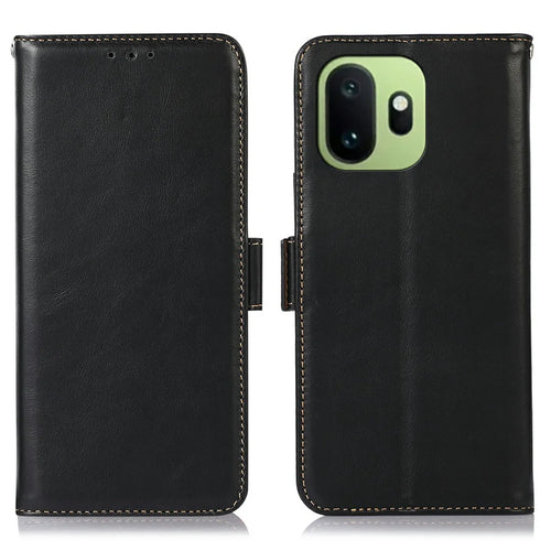 For OnePlus 15T 5G Case RFID Blocking Genuine Cow Leather Wallet Phone Cover - Black - 1
