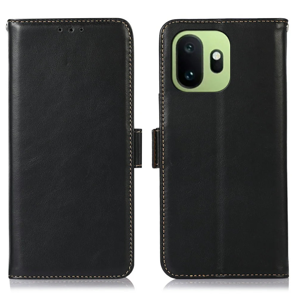 For OnePlus 15T 5G Case RFID Blocking Genuine Cow Leather Wallet Phone Cover - Black - 1