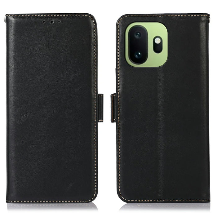 For OnePlus 15T 5G Case RFID Blocking Genuine Cow Leather Wallet Phone Cover - Black - 1
