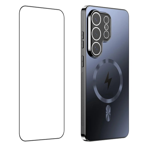 For Samsung Galaxy S26 Ultra Magnetic Case Electroplated Matte PC TPU Phone Cover with Tempered Glass Film - Black - 1