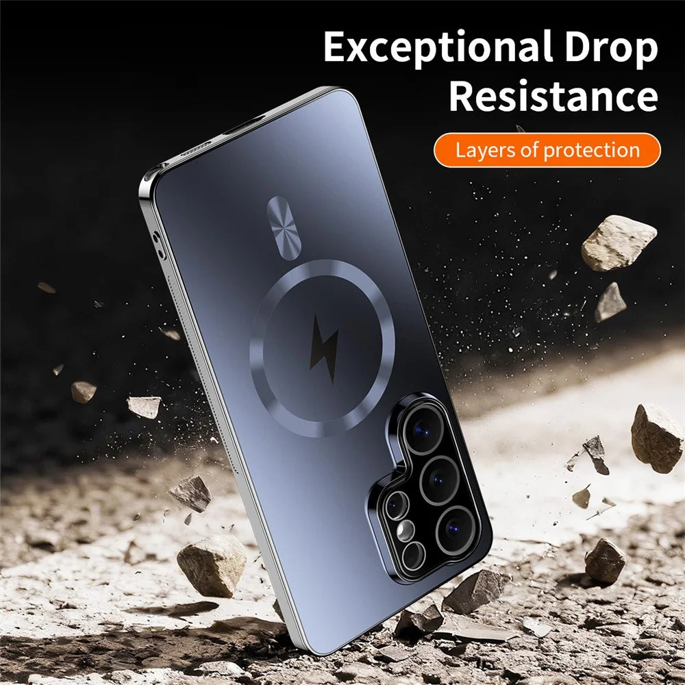 For Samsung Galaxy S26 Ultra Magnetic Case Electroplated Matte PC TPU Phone Cover with Tempered Glass Film - Black - 7