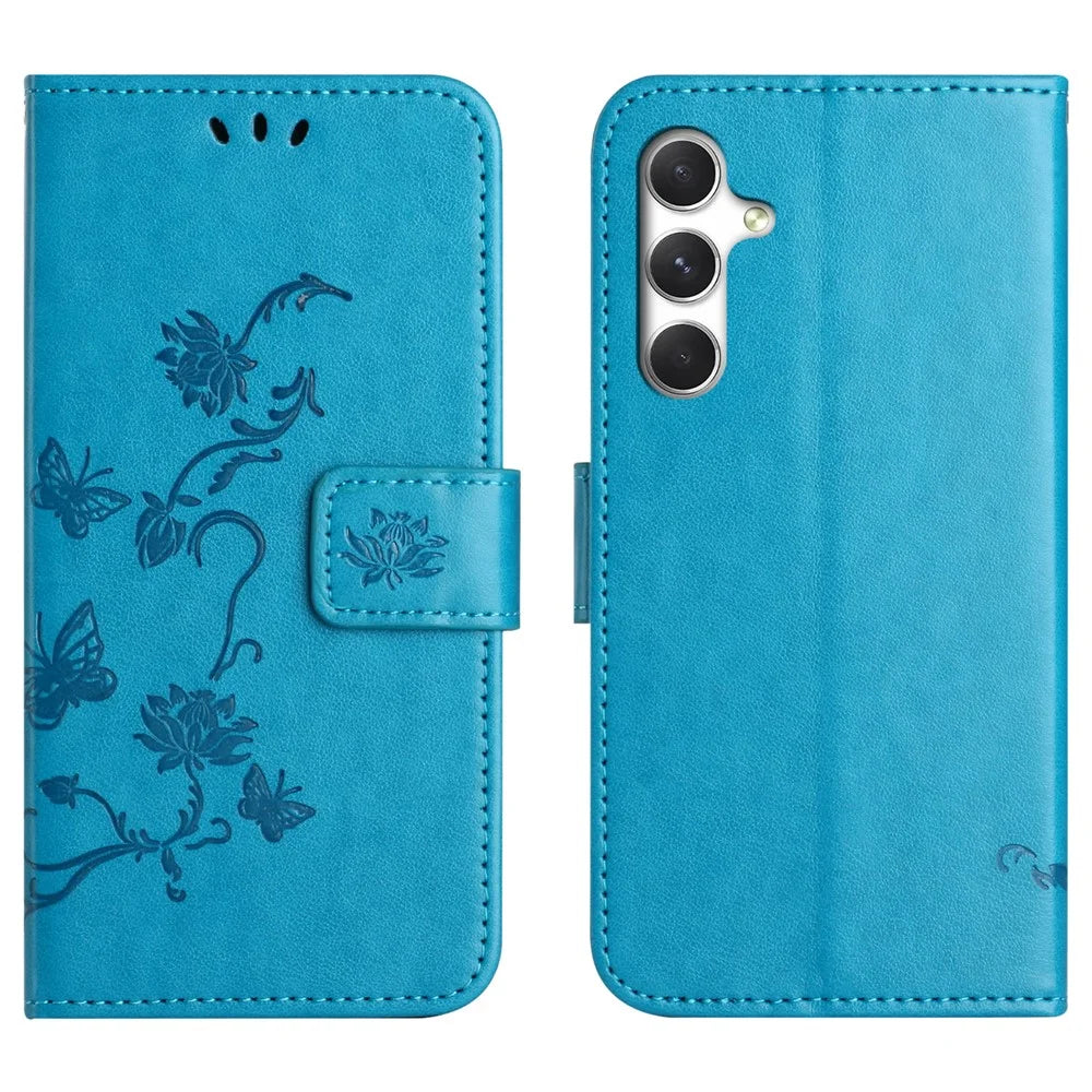 For Samsung Galaxy A27 5G Case Wallet Stand Imprinted Butterfly Flower PU Leather Phone Cover - Blue - 1