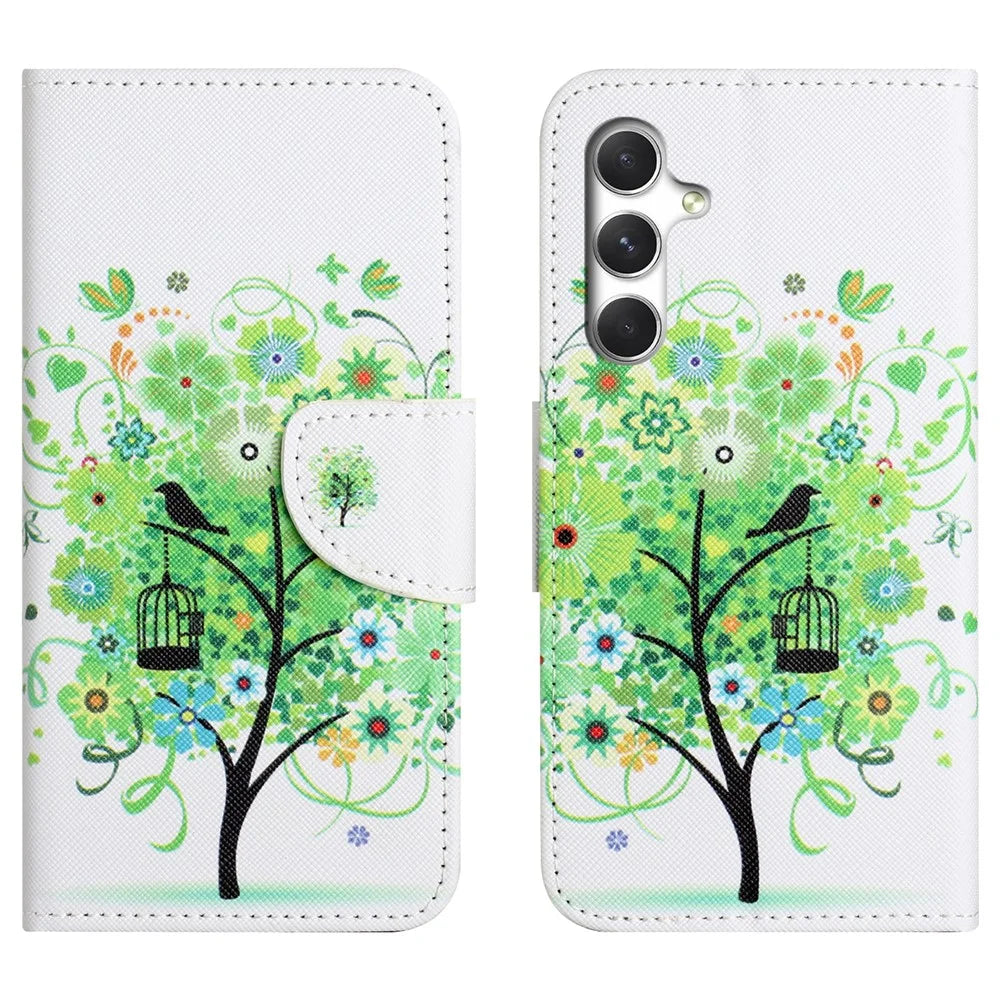 For Samsung Galaxy A27 5G Case Pattern Printing Cross Texture Leather Phone Cover - Green Tree - 1