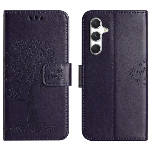 For Samsung Galaxy A27 5G Case PU Leather Owl Tree Imprinted Wallet Phone Cover with Strap - Dark Blue - 1