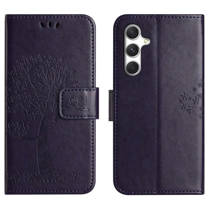 For Samsung Galaxy A27 5G Case PU Leather Owl Tree Imprinted Wallet Phone Cover with Strap - Dark Blue - 1