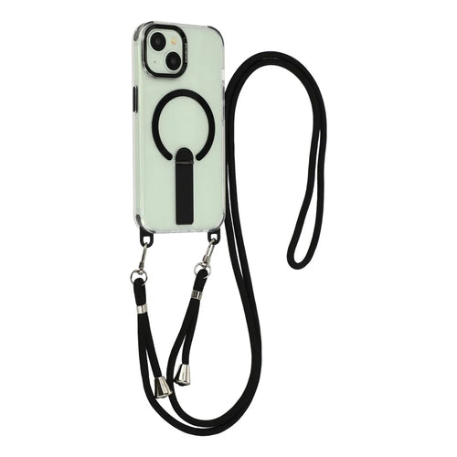 For iPhone 15 Magnetic Phone Case with Kickstand and 2-in-1 6mm 150cm Length Strap PC TPU Phone Cover - Black - 1