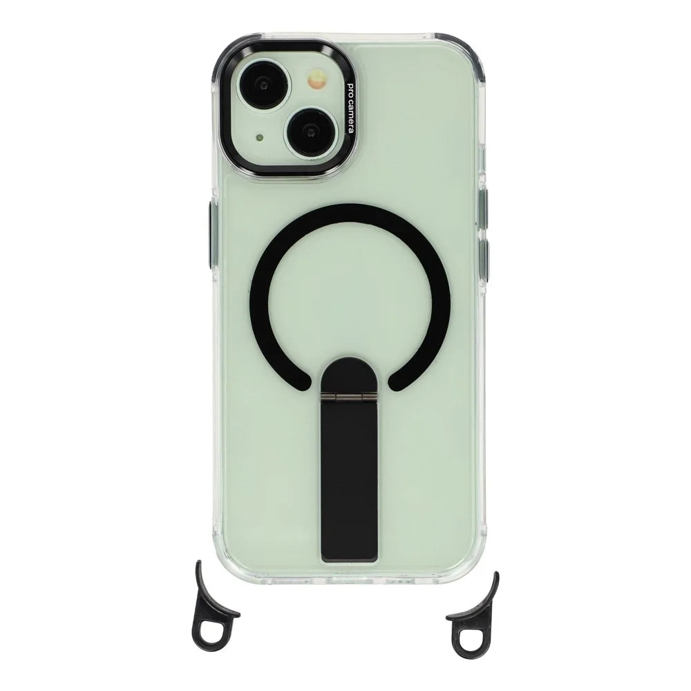 For iPhone 15 Magnetic Phone Case with Kickstand and 2-in-1 6mm 150cm Length Strap PC TPU Phone Cover - Black - 2