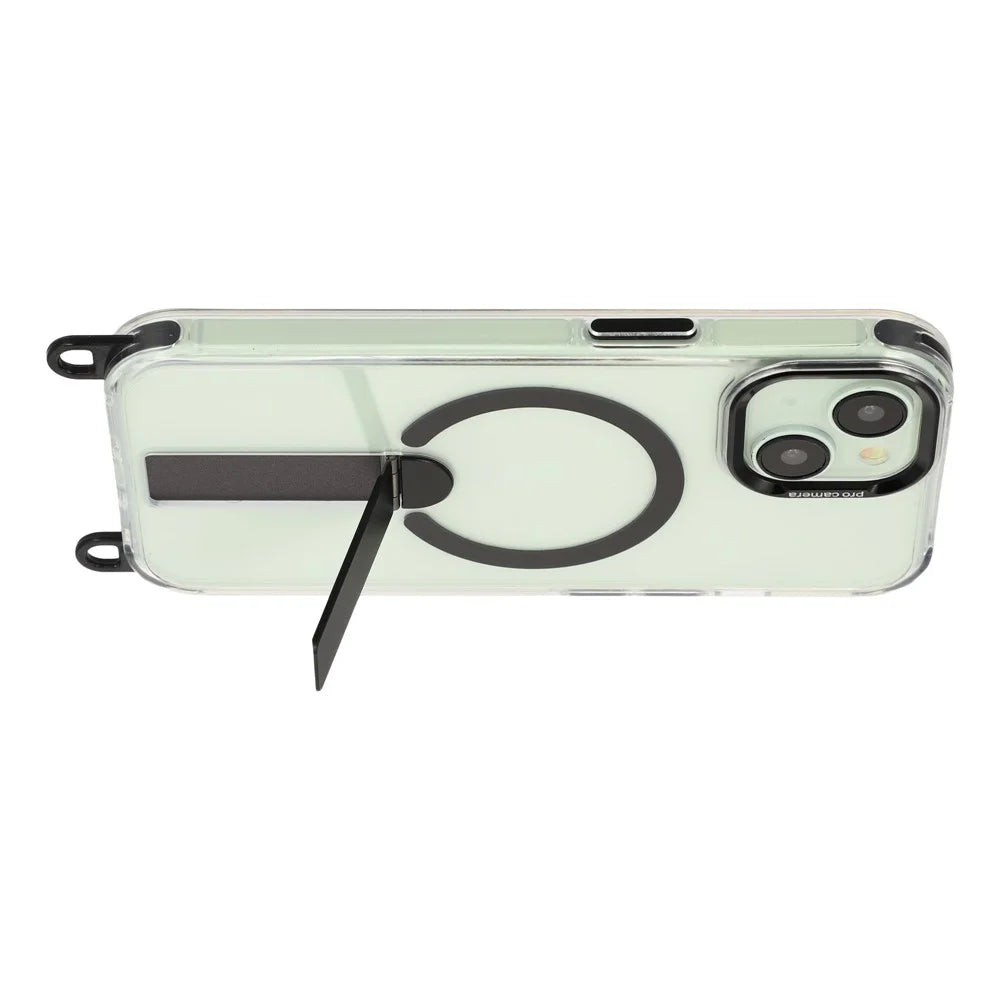 For iPhone 15 Magnetic Phone Case with Kickstand and 2-in-1 6mm 150cm Length Strap PC TPU Phone Cover - Black - 3