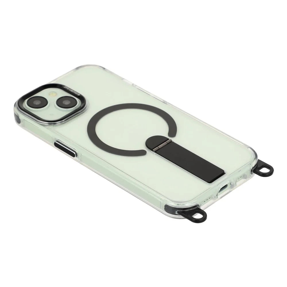 For iPhone 15 Magnetic Phone Case with Kickstand and 2-in-1 6mm 150cm Length Strap PC TPU Phone Cover - Black - 4