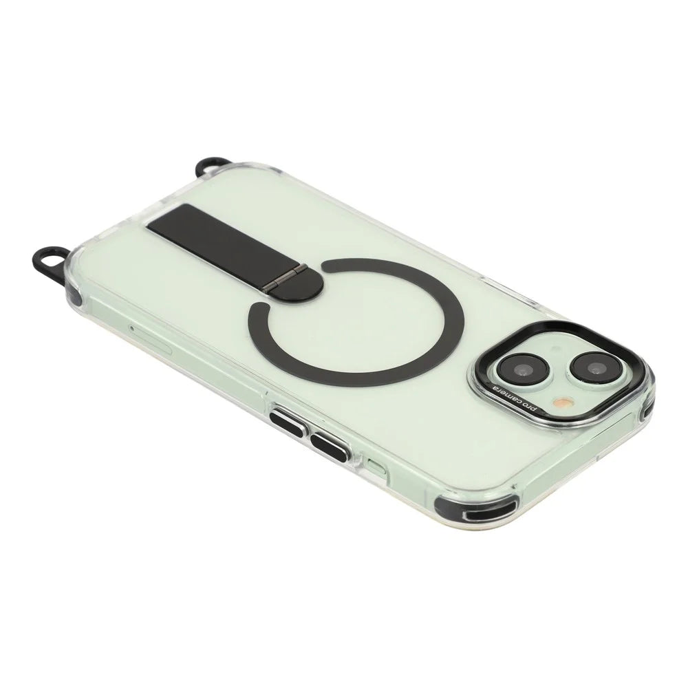 For iPhone 15 Magnetic Phone Case with Kickstand and 2-in-1 6mm 150cm Length Strap PC TPU Phone Cover - Black - 5