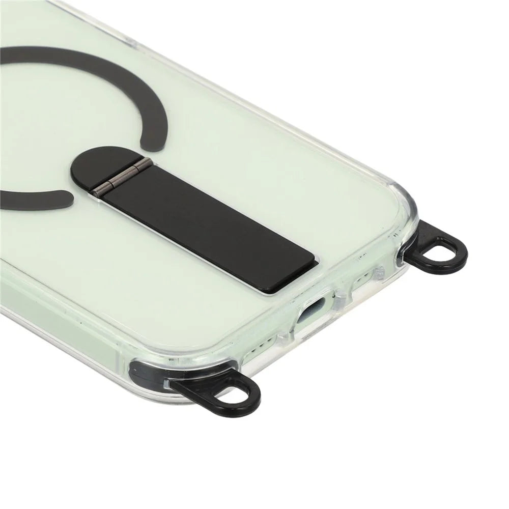 For iPhone 15 Magnetic Phone Case with Kickstand and 2-in-1 6mm 150cm Length Strap PC TPU Phone Cover - Black - 6