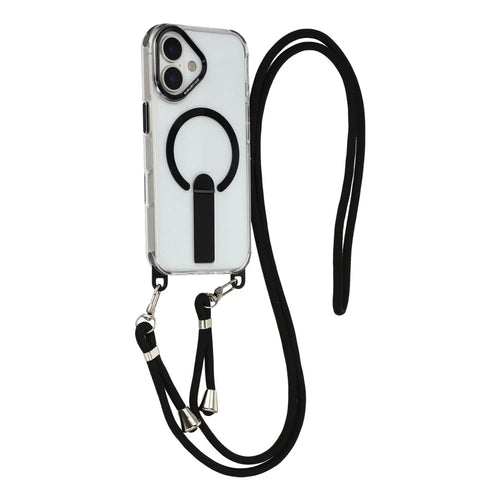 For iPhone 17 Magnetic Phone Case with Kickstand and 2-in-1 6mm 150cm Length Strap PC TPU Phone Cover - Black - 1