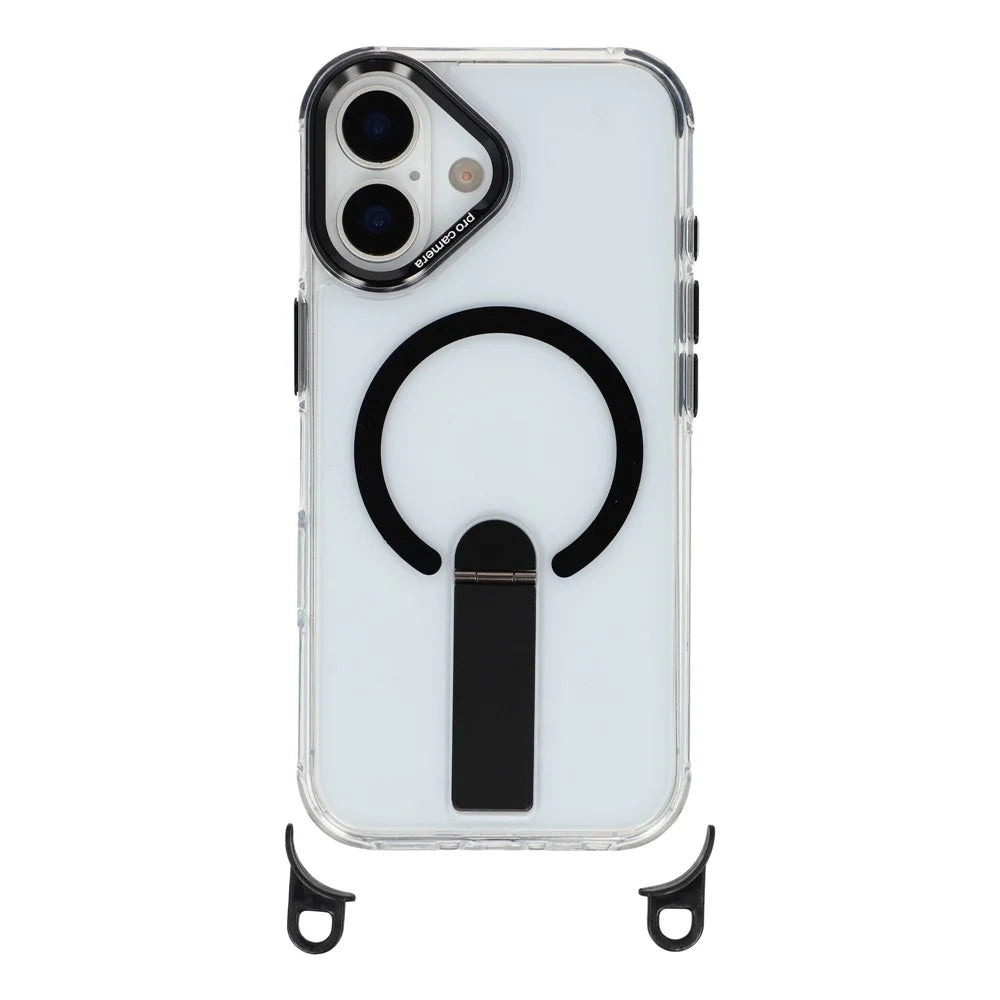 For iPhone 17 Magnetic Phone Case with Kickstand and 2-in-1 6mm 150cm Length Strap PC TPU Phone Cover - Black - 2