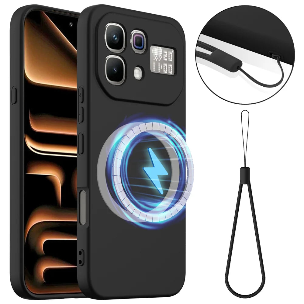 For Infinix Note 60 Pro 5G / Infinix Note 60 5G Magnetic Case Anti-Drop Liquid Silicone Phone Cover with Lanyard - Black - 1