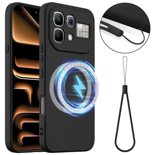 For Infinix Note 60 Pro 5G / Infinix Note 60 5G Magnetic Case Anti-Drop Liquid Silicone Phone Cover with Lanyard - Black - 1