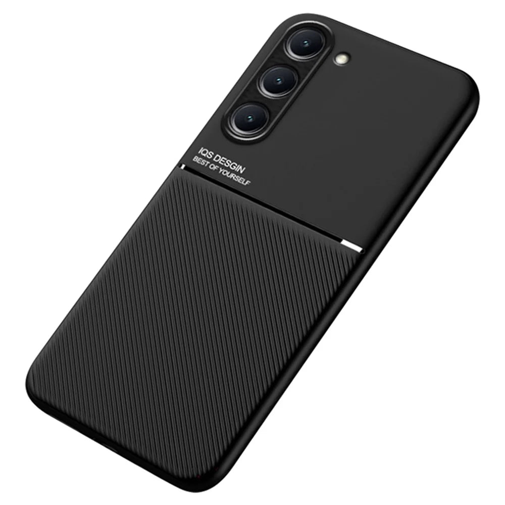 For Samsung Galaxy S23+ Lines Imprinted Phone Case PU Leather+TPU Anti-drop Cover with Built-in Metal Sheet - Black - 1