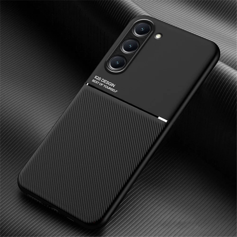 For Samsung Galaxy S23+ Lines Imprinted Phone Case PU Leather+TPU Anti-drop Cover with Built-in Metal Sheet - Black - 2