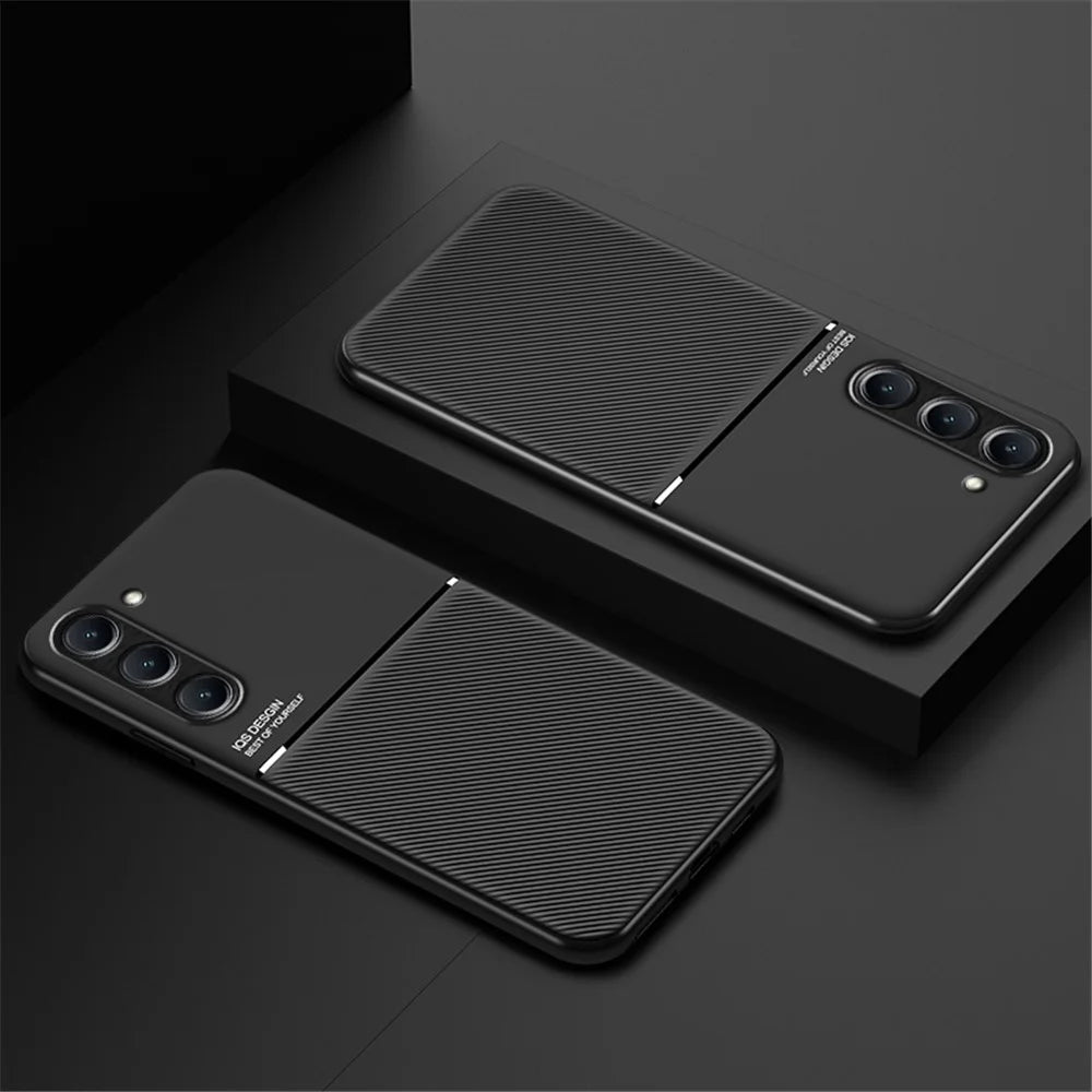 For Samsung Galaxy S23+ Lines Imprinted Phone Case PU Leather+TPU Anti-drop Cover with Built-in Metal Sheet - Black - 5
