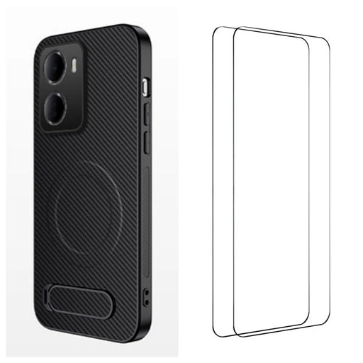 WANLONFENG For Xiaomi Redmi 15a 5G QT1 Series Magnetic Case with 2Pcs Tempered Glass Films Kickstand Carbon Fiber Texture PC TPU Phone Cover - Black - 1