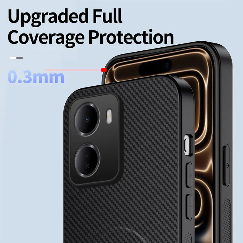 WANLONFENG For Xiaomi Redmi 15a 5G QT1 Series Magnetic Case with 2Pcs Tempered Glass Films Kickstand Carbon Fiber Texture PC TPU Phone Cover - Black - 5