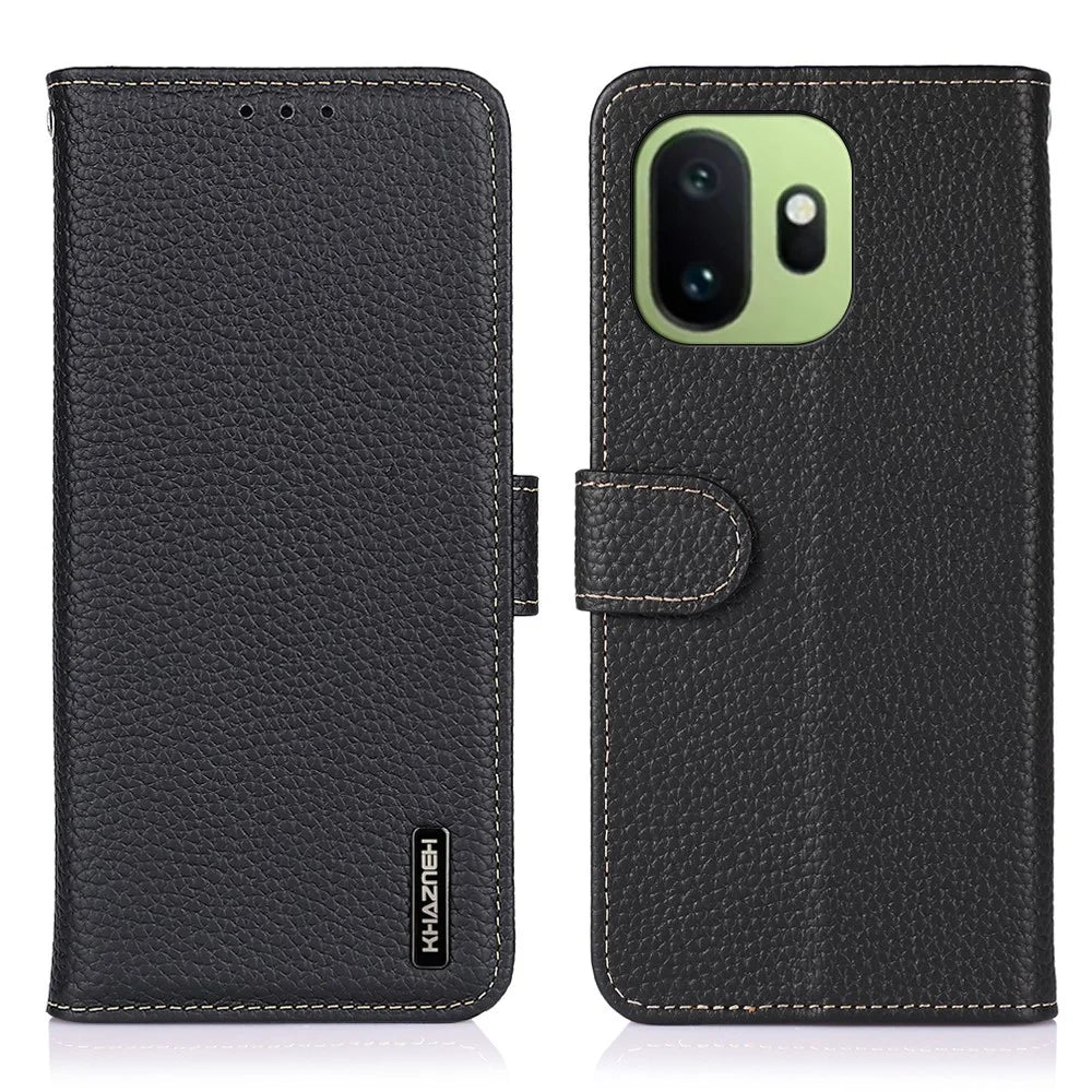 KHAZNEH For OnePlus 15T 5G Wallet Case Litchi Texture Genuine Cow Leather Flip Phone Cover - Black - 1