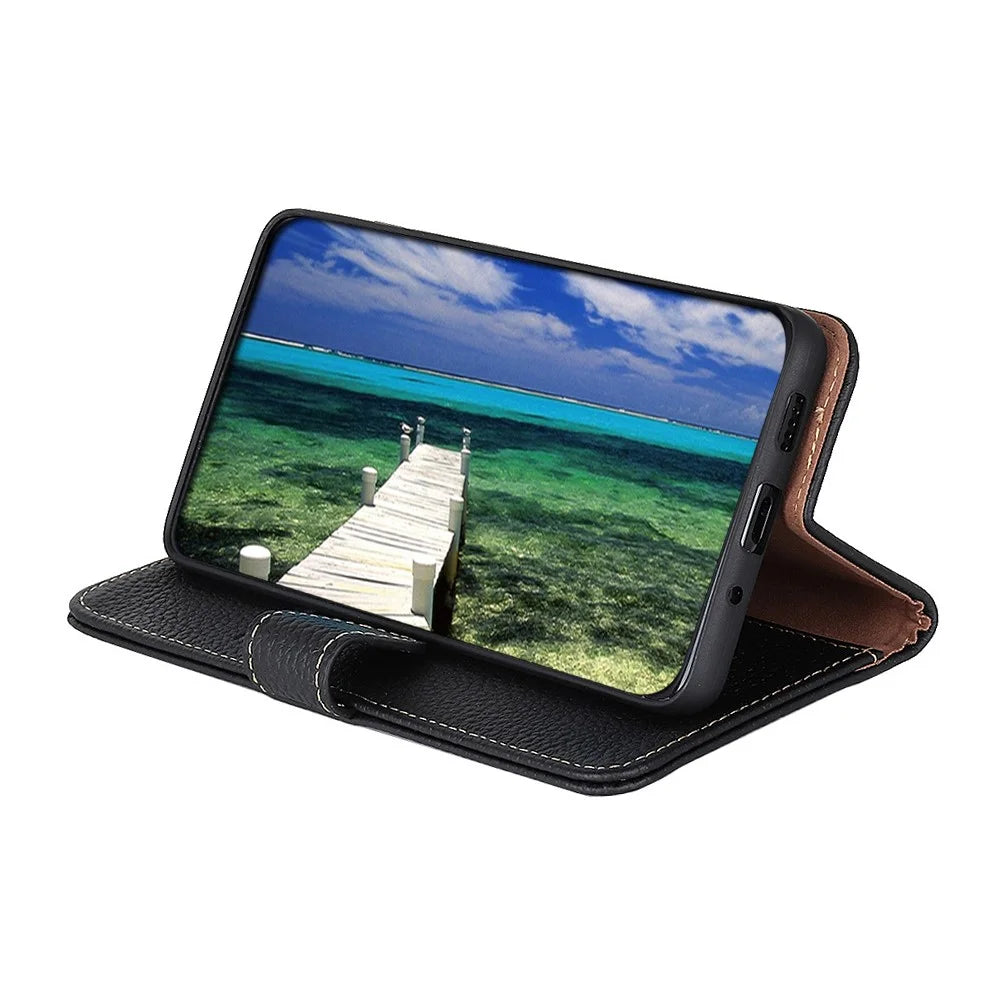 KHAZNEH For OnePlus 15T 5G Wallet Case Litchi Texture Genuine Cow Leather Flip Phone Cover - Black - 2