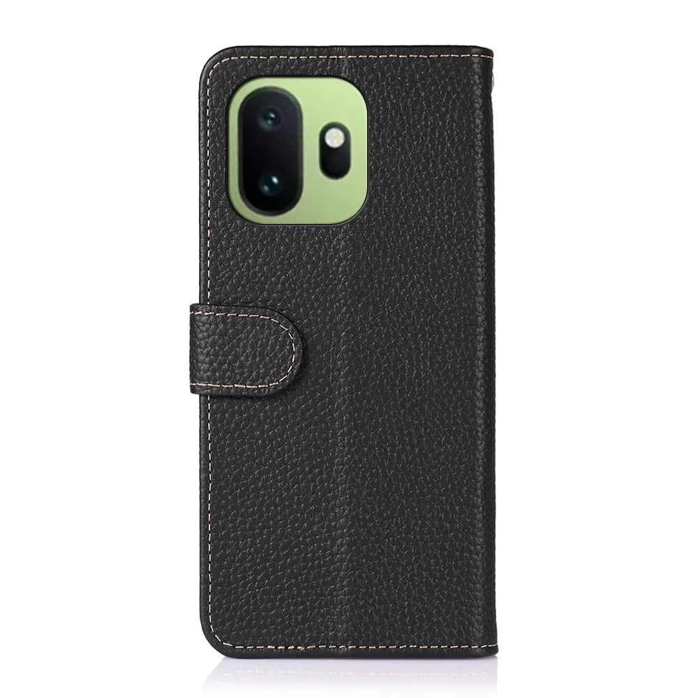 KHAZNEH For OnePlus 15T 5G Wallet Case Litchi Texture Genuine Cow Leather Flip Phone Cover - Black - 6