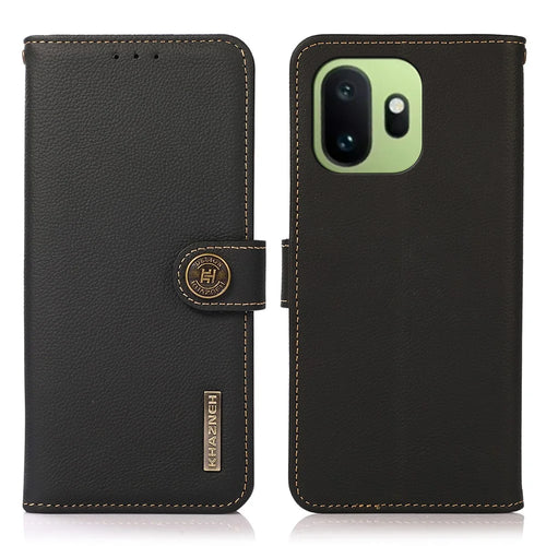 KHAZNEH for OnePlus 15T 5G Case Genuine Cow Leather RFID Blocking Wallet Phone Cover - Black - 1