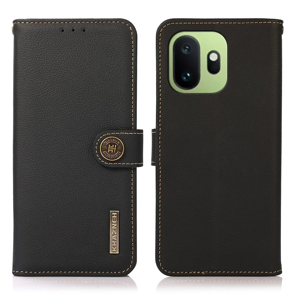 KHAZNEH for OnePlus 15T 5G Case Genuine Cow Leather RFID Blocking Wallet Phone Cover - Black - 1