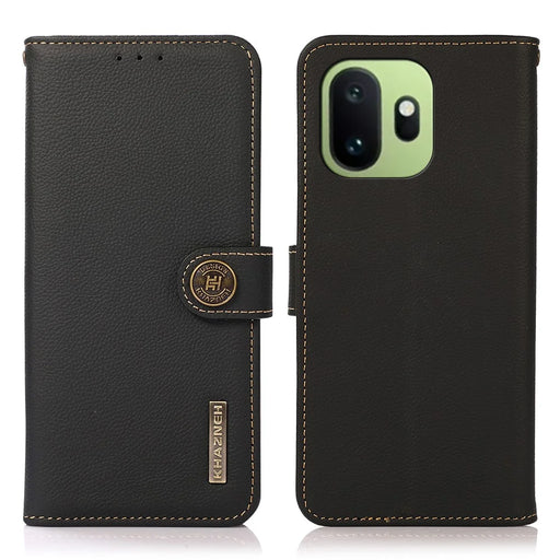 KHAZNEH for OnePlus 15T 5G Case Genuine Cow Leather RFID Blocking Wallet Phone Cover - Black - 1