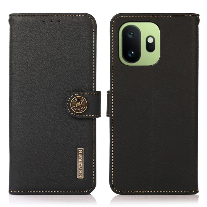 KHAZNEH for OnePlus 15T 5G Case Genuine Cow Leather RFID Blocking Wallet Phone Cover - Black - 1