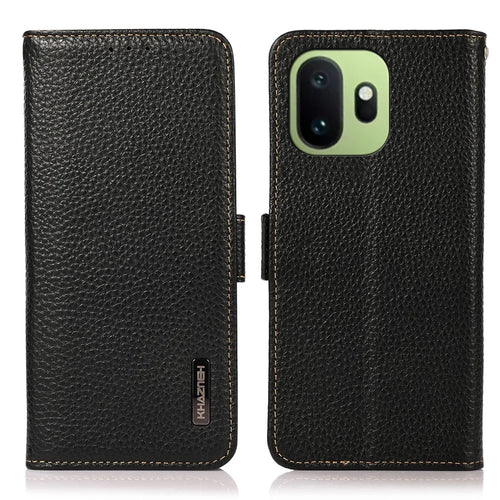 KHAZNEH for OnePlus 15T 5G Phone Case Litchi Texture Genuine Cow Leather Cover RFID Blocking - Black - 1