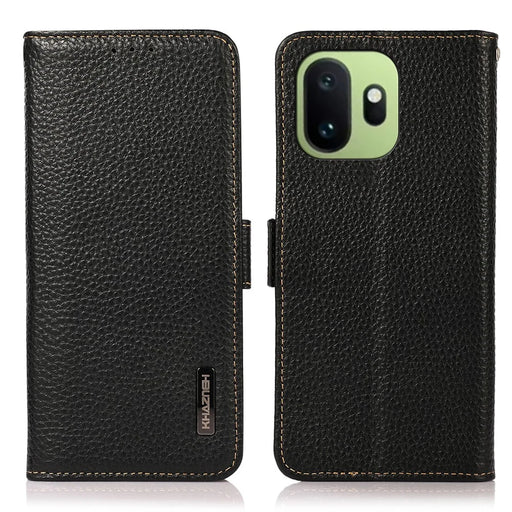 KHAZNEH for OnePlus 15T 5G Phone Case Litchi Texture Genuine Cow Leather Cover RFID Blocking - Black - 1