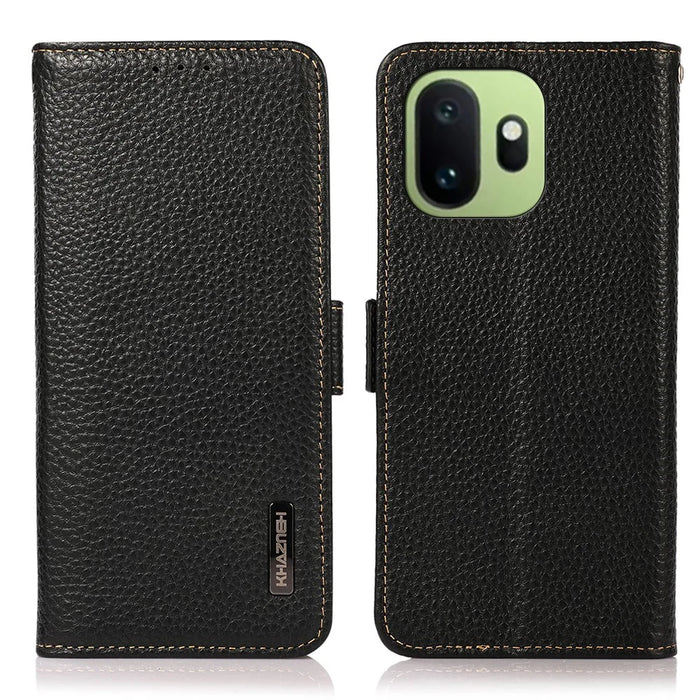 KHAZNEH for OnePlus 15T 5G Phone Case Litchi Texture Genuine Cow Leather Cover RFID Blocking - Black - 1