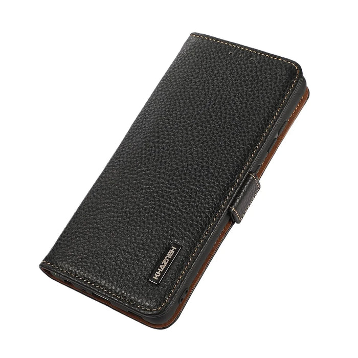 KHAZNEH for OnePlus 15T 5G Phone Case Litchi Texture Genuine Cow Leather Cover RFID Blocking - Black - 5