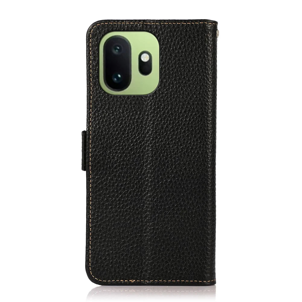 KHAZNEH for OnePlus 15T 5G Phone Case Litchi Texture Genuine Cow Leather Cover RFID Blocking - Black - 7