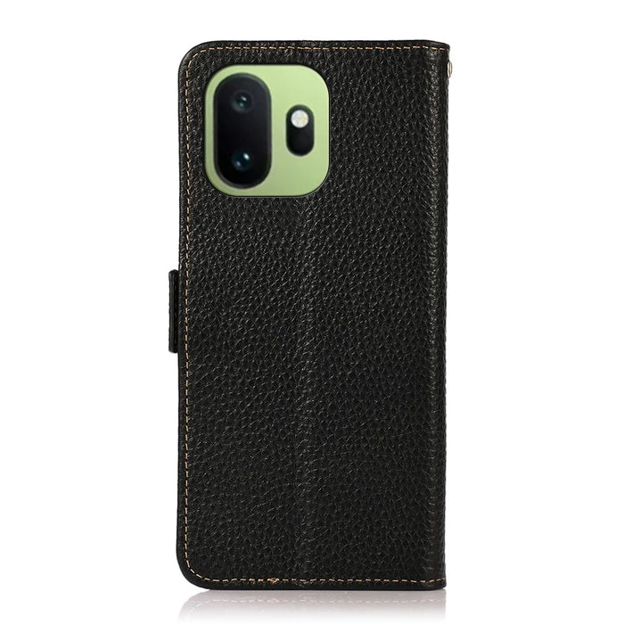 KHAZNEH for OnePlus 15T 5G Phone Case Litchi Texture Genuine Cow Leather Cover RFID Blocking - Black - 7