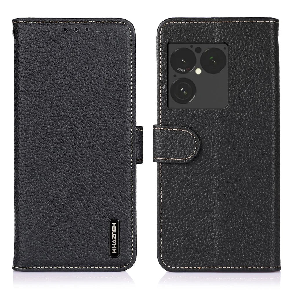 KHAZNEH For Sony Xperia 1 VIII Wallet Case Litchi Texture Genuine Cow Leather Flip Phone Cover - Black - 1