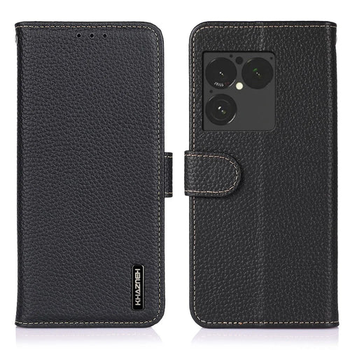 KHAZNEH For Sony Xperia 1 VIII Wallet Case Litchi Texture Genuine Cow Leather Flip Phone Cover - Black - 1