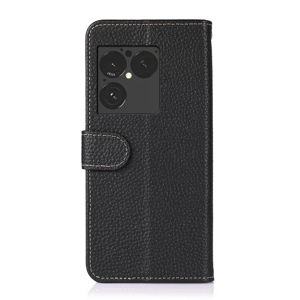 KHAZNEH For Sony Xperia 1 VIII Wallet Case Litchi Texture Genuine Cow Leather Flip Phone Cover - Black - 6