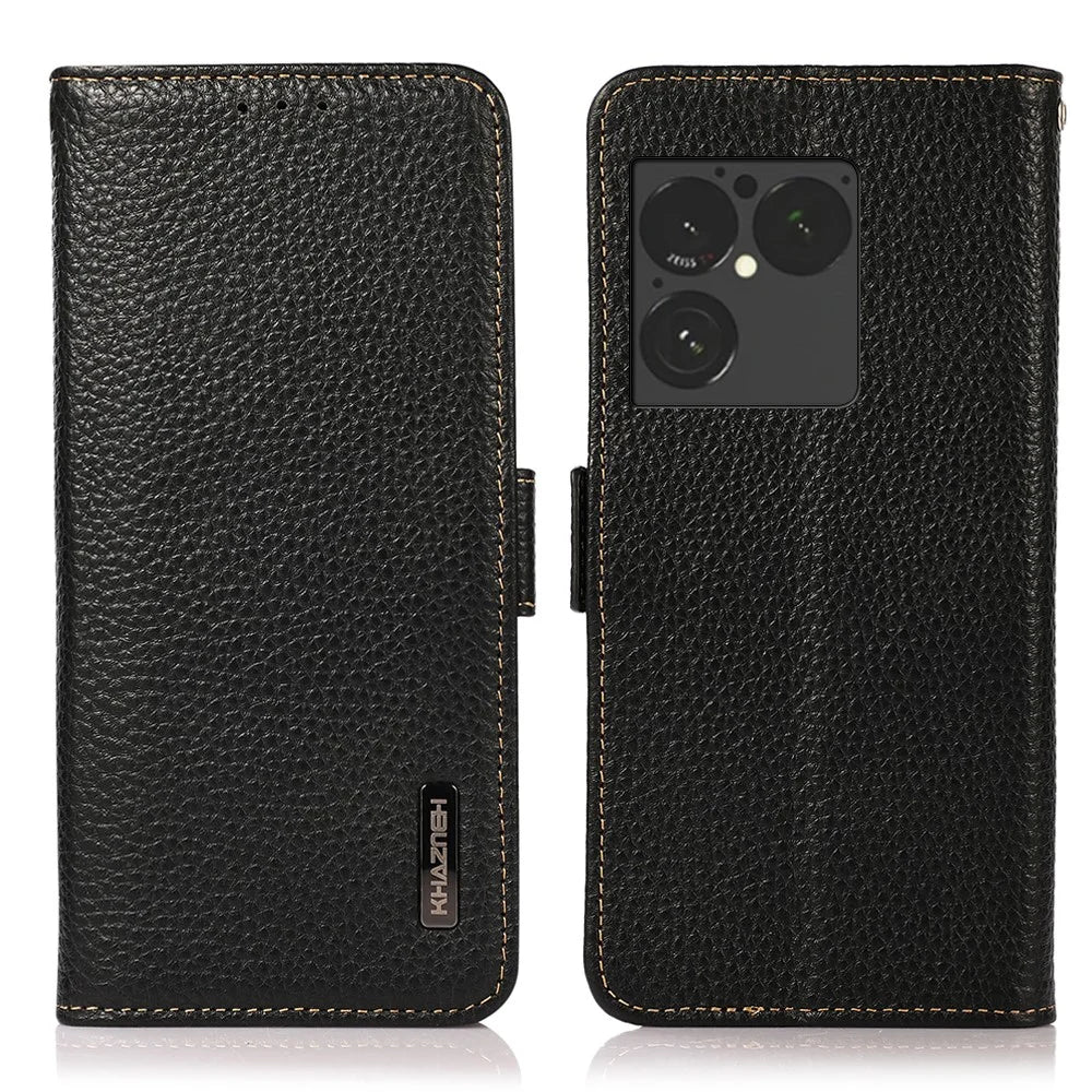 KHAZNEH for Sony Xperia 1 VIII Phone Case Litchi Texture Genuine Cow Leather Cover RFID Blocking - Black - 1