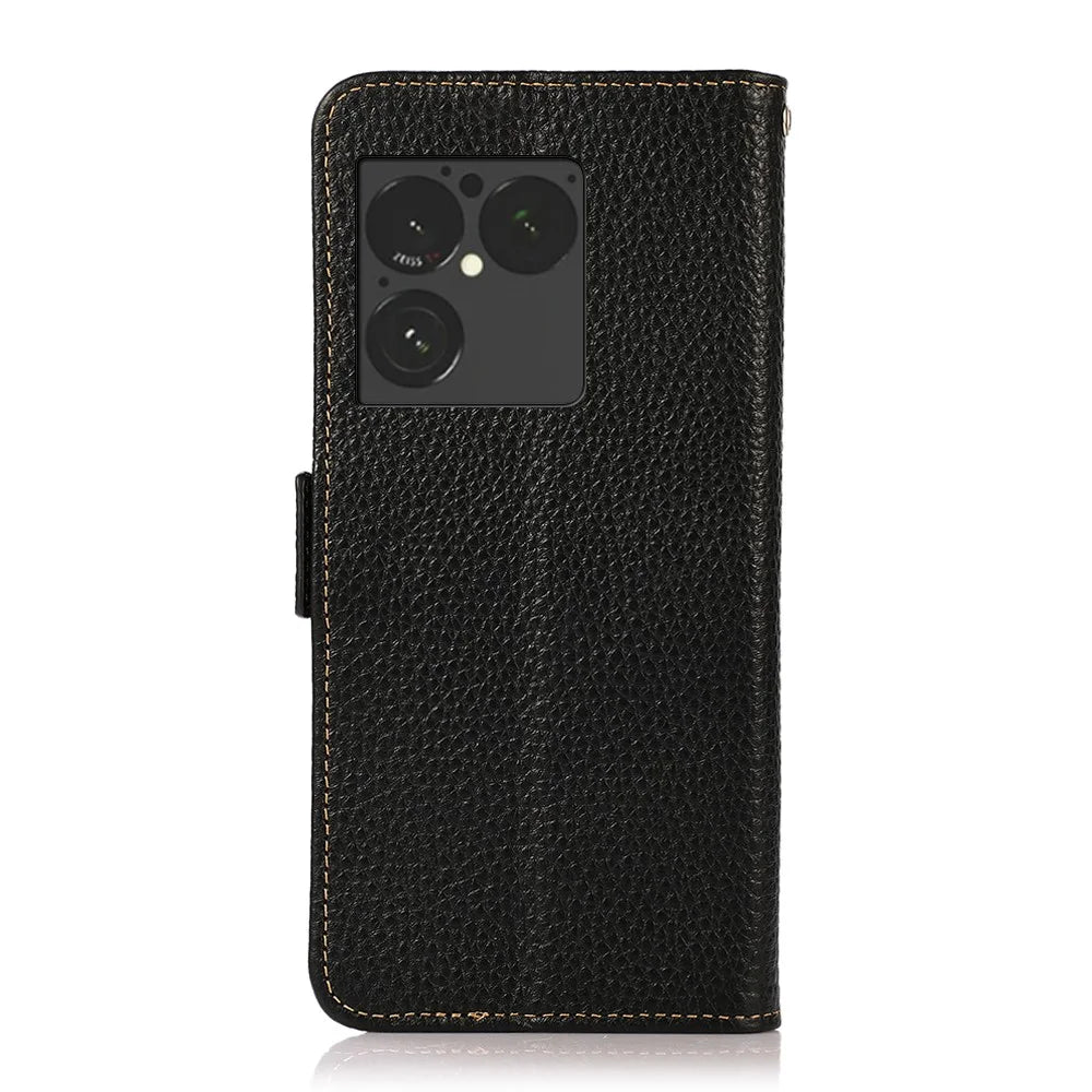 KHAZNEH for Sony Xperia 1 VIII Phone Case Litchi Texture Genuine Cow Leather Cover RFID Blocking - Black - 7
