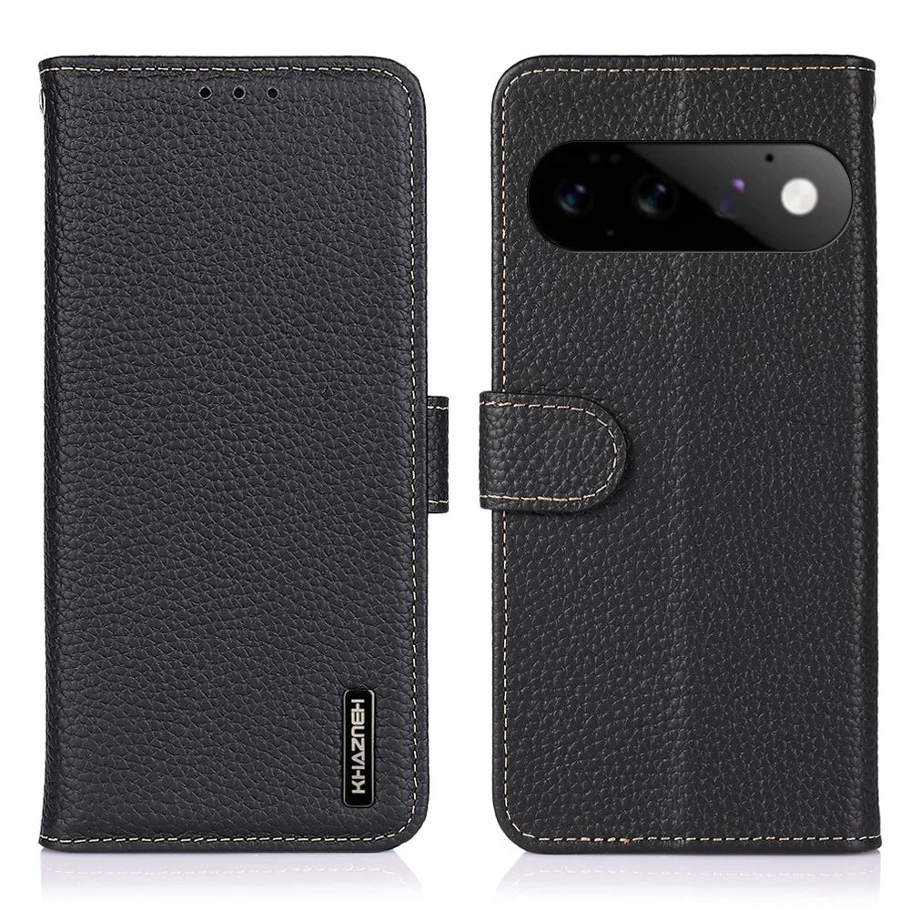 KHAZNEH For Google Pixel 11  /  Pixel 11 Pro Wallet Case Litchi Texture Genuine Cow Leather Flip Phone Cover - Black - 1