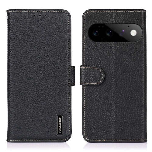 KHAZNEH For Google Pixel 11  /  Pixel 11 Pro Wallet Case Litchi Texture Genuine Cow Leather Flip Phone Cover - Black - 1