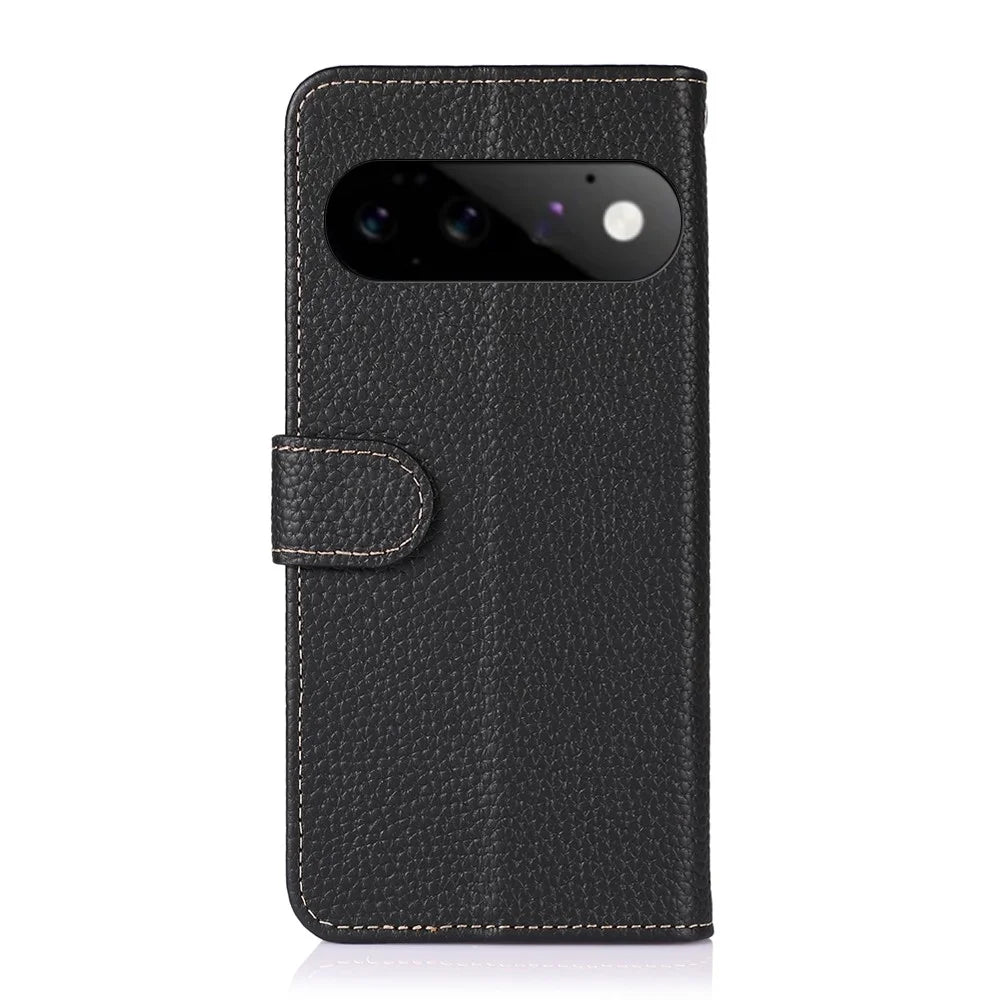 KHAZNEH For Google Pixel 11  /  Pixel 11 Pro Wallet Case Litchi Texture Genuine Cow Leather Flip Phone Cover - Black - 6