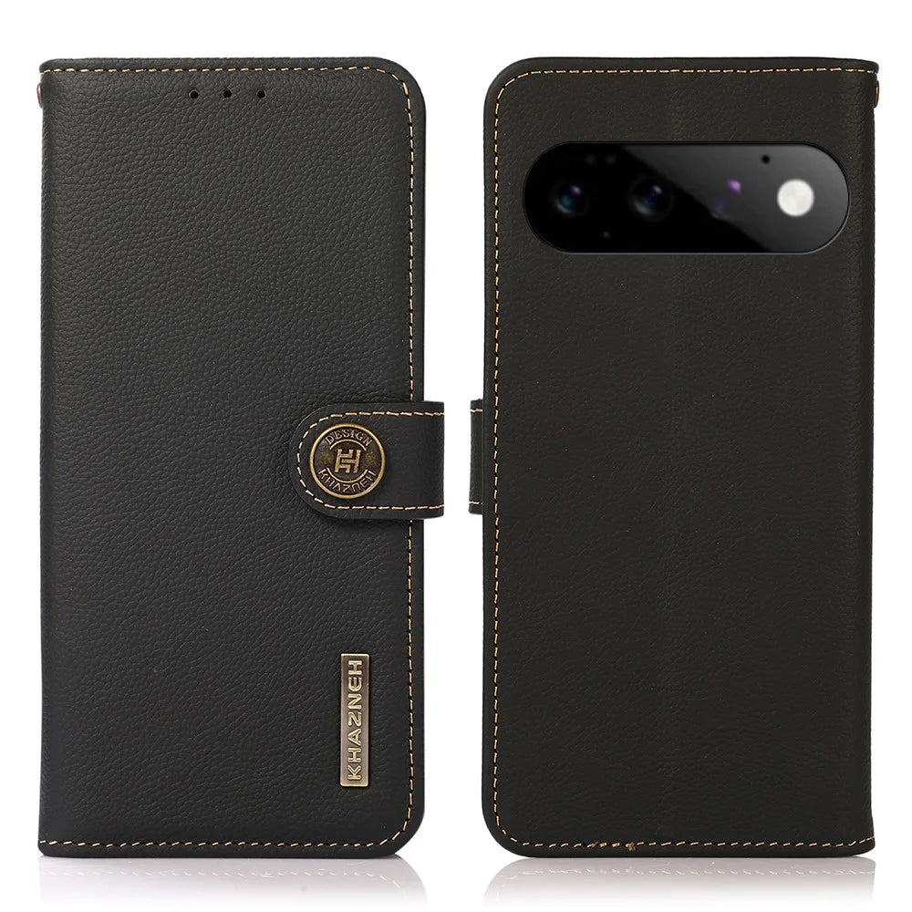 KHAZNEH for Google Pixel 11  /  Pixel 11 Pro Case Genuine Cow Leather RFID Blocking Wallet Phone Cover - Black - 1