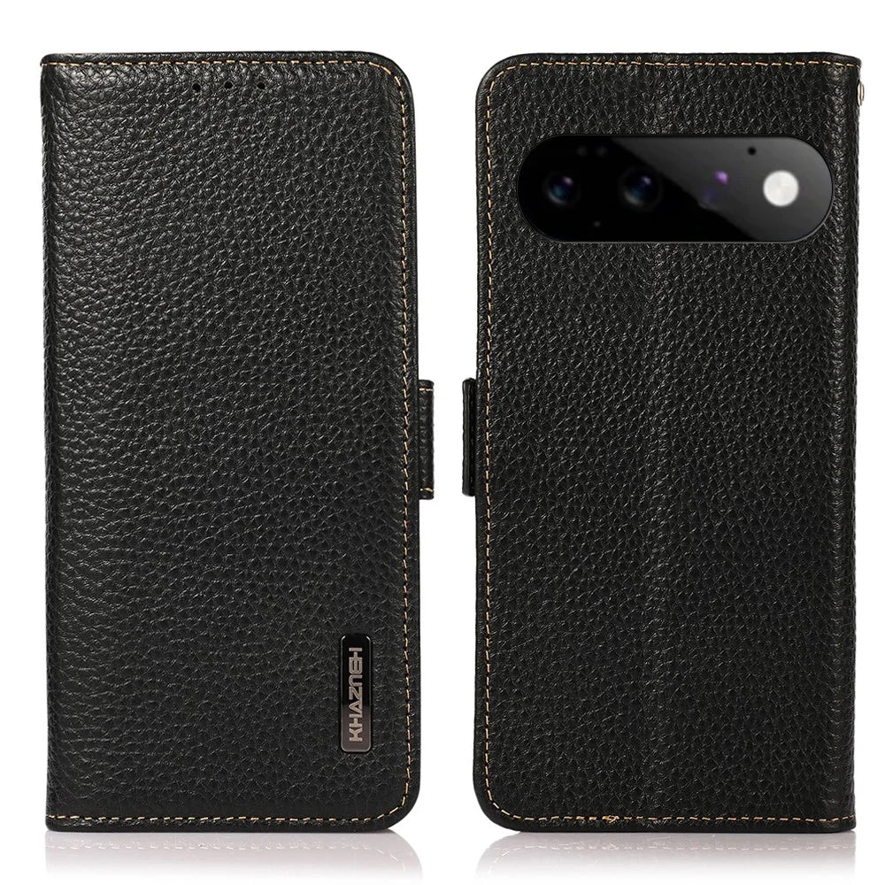 KHAZNEH for Google Pixel 11  /  Pixel 11 Pro Phone Case Litchi Texture Genuine Cow Leather Cover RFID Blocking - Black - 1