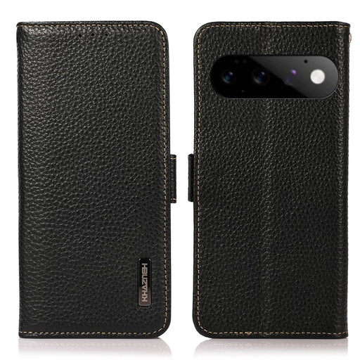 KHAZNEH for Google Pixel 11  /  Pixel 11 Pro Phone Case Litchi Texture Genuine Cow Leather Cover RFID Blocking - Black - 1