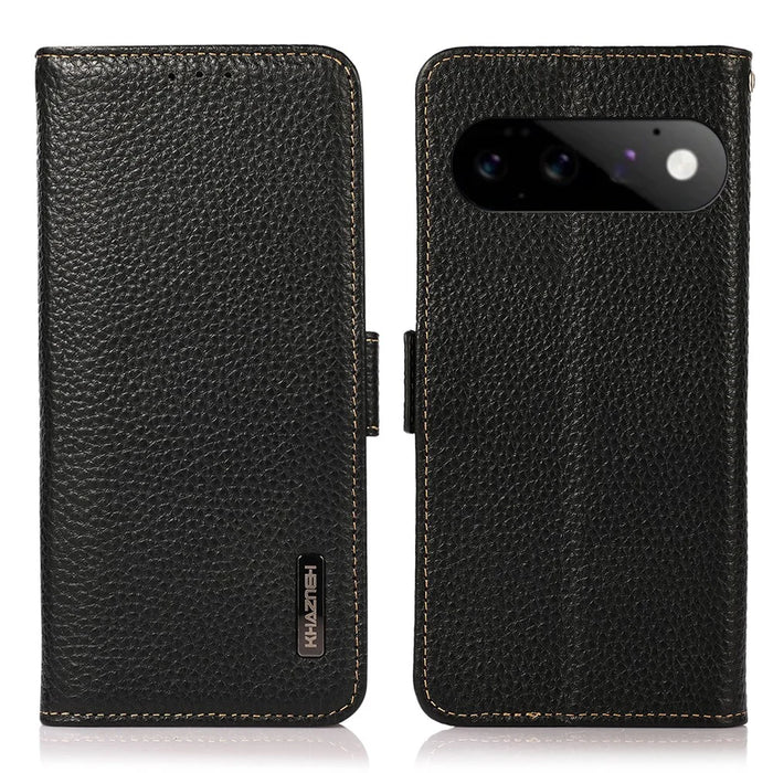 KHAZNEH for Google Pixel 11  /  Pixel 11 Pro Phone Case Litchi Texture Genuine Cow Leather Cover RFID Blocking - Black - 1