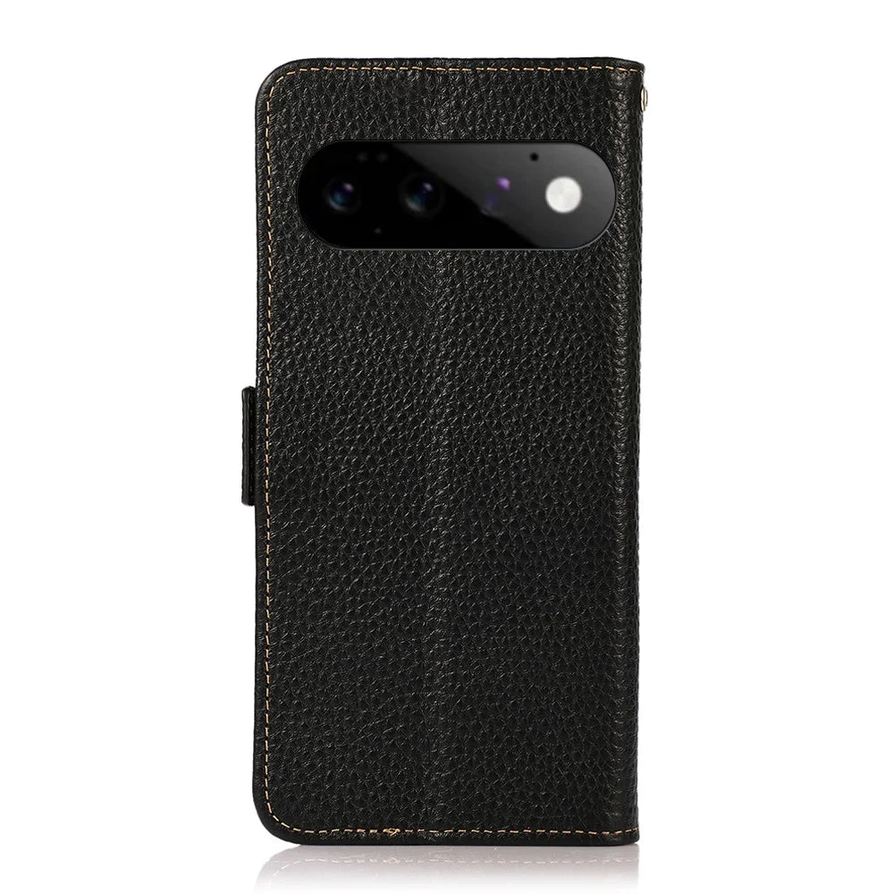 KHAZNEH for Google Pixel 11  /  Pixel 11 Pro Phone Case Litchi Texture Genuine Cow Leather Cover RFID Blocking - Black - 7
